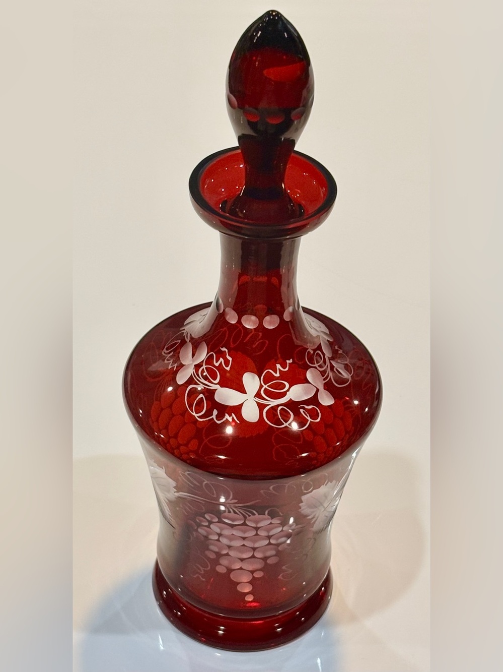 Vintage Bohemian Ruby Red Cut-to-Clear Etched Glass Decanter-Perfect Condition